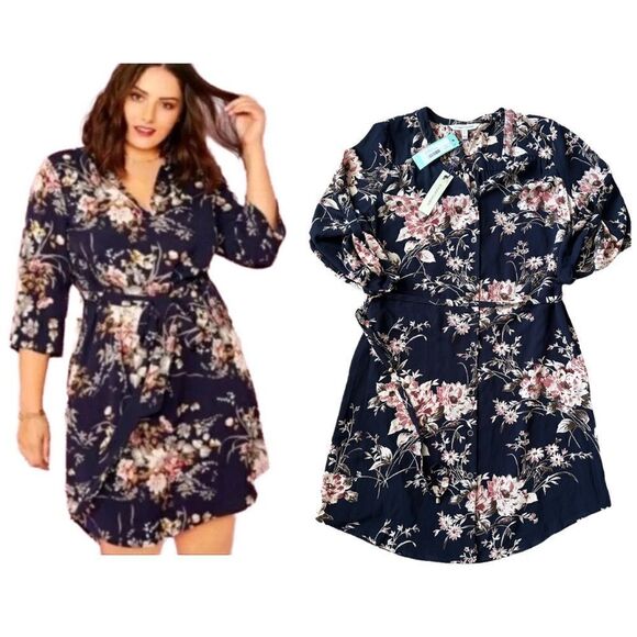 41 Hawthorn Cristen Navy Fall Floral Belted Shirt Dress Size Small NWT - Picture 1 of 16